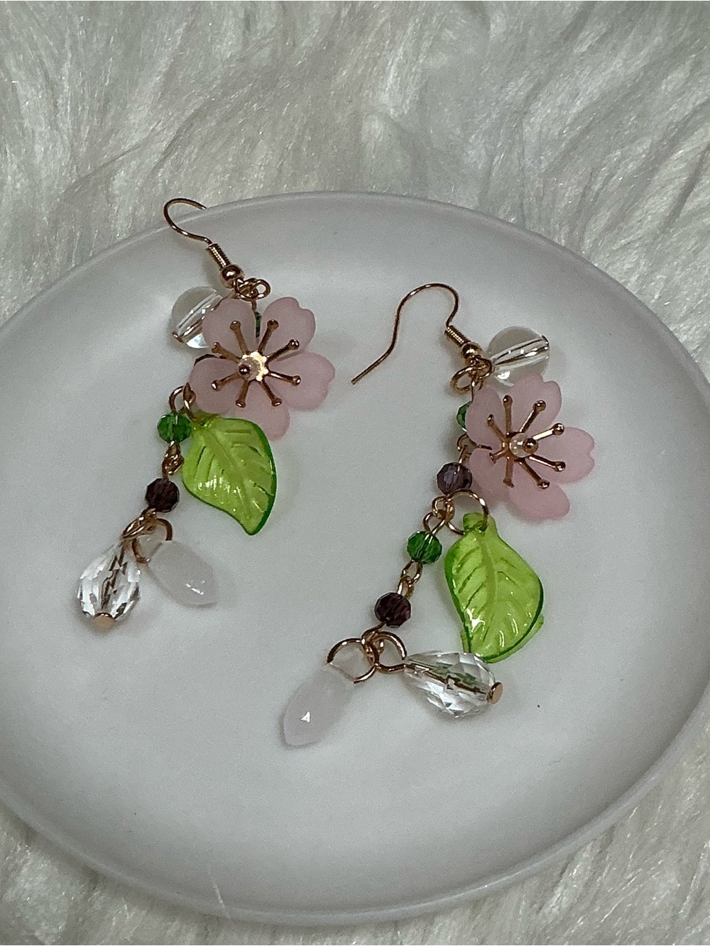 Super Pretty Pink Flower Dangle Earrings with Green Leaves